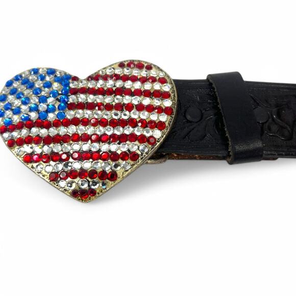 CACHE S American Flag METAL HEART Rhinestones Flag Buckle Leather Belt USA - Picture 3 of 5
